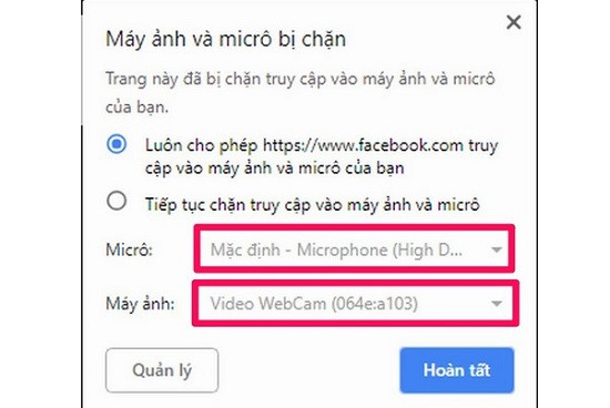 Cho phép Facebook kết nối camera và micro