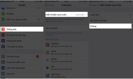 Tắt hiển thị thông báo trên iPhone Tắt hiển thị thông báo trên iPhone