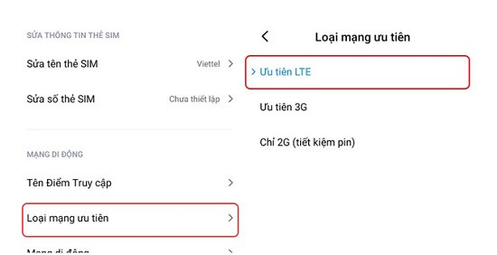 Ưu tiên LTE Xiaomi Ưu tiên LTE Xiaomi