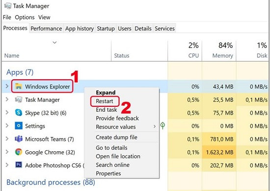 Khởi động lại Windows Explorer Khởi động lại Windows Explorer