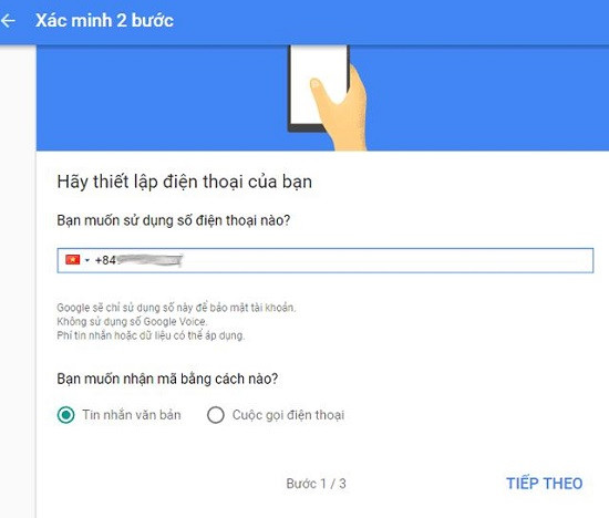 Chọn cách xác minh 2 bước của gmail