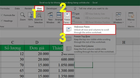 Khắc phục lỗi không hiển thị dòng ẩn trong Excel