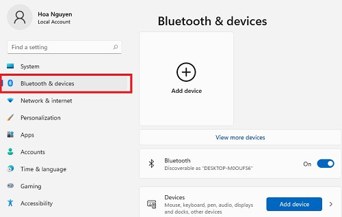 Bật Bluetooth bằng ứng dụng Settings Windows