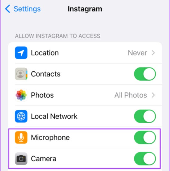 Cho phép Instagram sử dụng máy ảnh