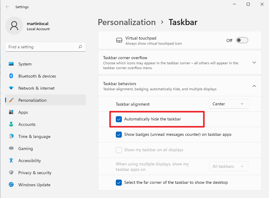 Tắt tự động ẩn thanh Taskbar