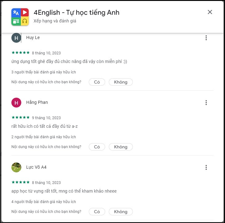 Đánh giá 4English trên Google Play