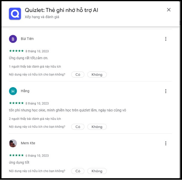 Đánh giá ứng dụng Quizlet trên Google Play