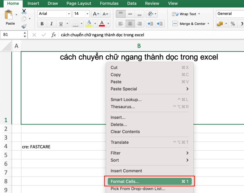 Cách chuyển chữ ngang thành dọc trong Excel cách 2 bước 1
