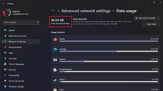 Cách kiểm tra lượng dữ liệu Wifi đã sử dụng trên Windows 11 bước 3.2