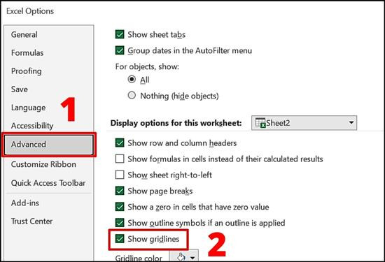 Cách lấy lại dòng kẻ trong Excel bằng Excel Options