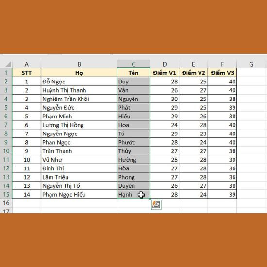 Hướng dẫn sắp xếp tên theo abc trong Excel 2010 khi họ và tên khác cột bước 1