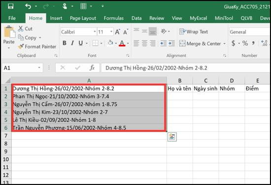 Cách tách 1 ô thành nhiều ô trong Excel phổ biến bước 1