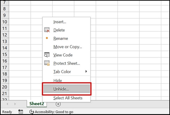 Cách unhide các sheet bị ẩn trong Excel bước 1