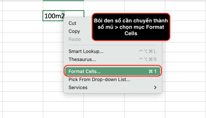 Cách viết số mũ trong Excel bằng Format Cells bước 1