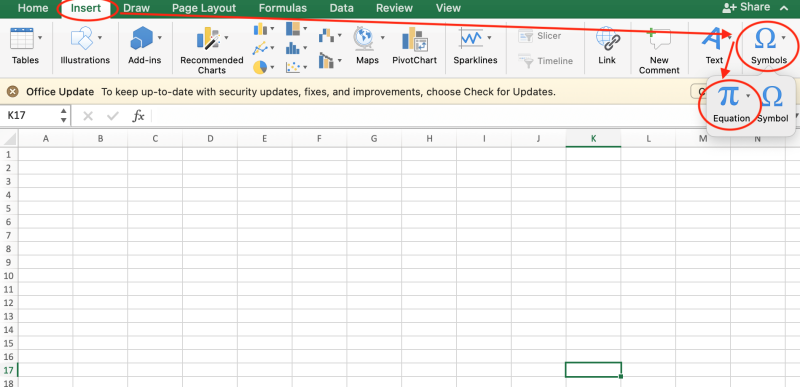 Cách viết số mũ trong Excel bằng tính năng Equation bước 1