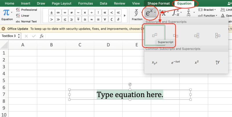 Cách viết số mũ trong Excel bằng tính năng Equation bước 2