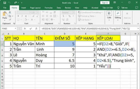 Cách xếp hạng trong Excel bằng hàm IF bước 1