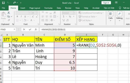 Cách xếp hạnh trong Excel bằng hàm RANK bước 1
