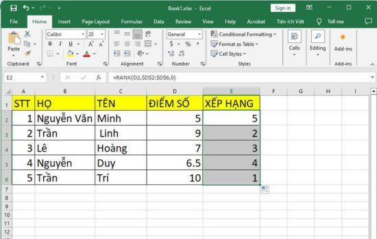 Cách xếp hạnh trong Excel bằng hàm RANK bước 2