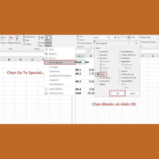 Cách xóa dòng trống trong Excel 2010 bằng Go To Special bước 4