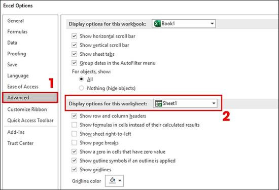 Cách xóa đường kẻ trong Excel với Excel Options bước 2