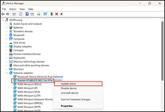 Cập nhật Network adapter drivers thông qua Device Manager bước 3 Cập nhật Network adapter drivers thông qua Device Manager bước 3