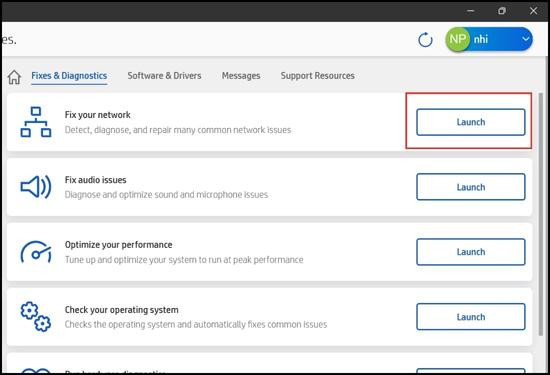 Sử dụng chẩn đoán mạng của HP Support Assistant bước 4.1 Sử dụng chẩn đoán mạng của HP Support Assistant bước 4.1