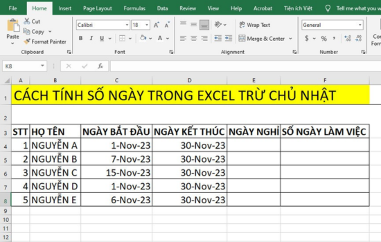 Công thức cách tính số ngày trong Excel trừ Chủ Nhật B1