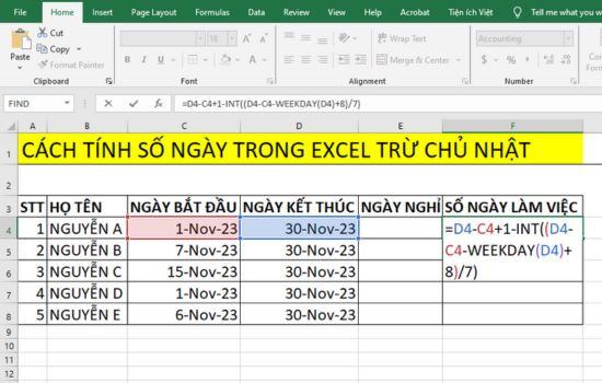 Công thức cách tính số ngày trong Excel trừ Chủ Nhật B2