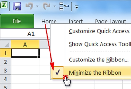 Dùng các tùy chọn trên thanh Tab để hiện thanh công cụ trong Excel 2010