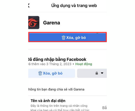 hủy liên kết tài khoản Facebook với ứng dụng Garena