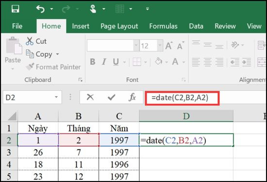 Sử dụng hàm nối ngày tháng năm trong Excel bước 1 Sử dụng hàm nối ngày tháng năm trong Excel bước 1