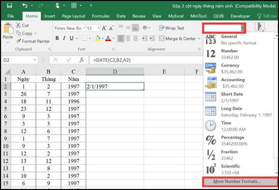 Sử dụng hàm nối ngày tháng năm trong Excel bước 2 Sử dụng hàm nối ngày tháng năm trong Excel bước 2
