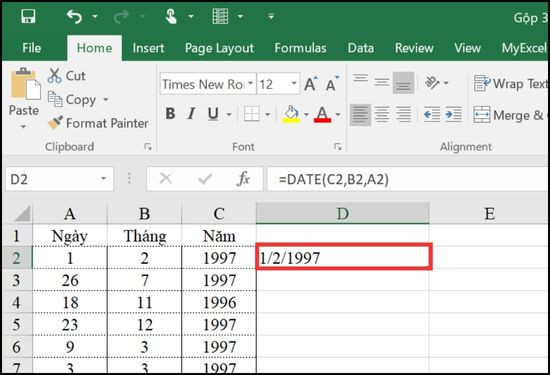 Sử dụng hàm nối ngày tháng năm trong Excel bước 5 Sử dụng hàm nối ngày tháng năm trong Excel bước 5