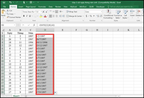 Sử dụng hàm nối ngày tháng năm trong Excel bước 6