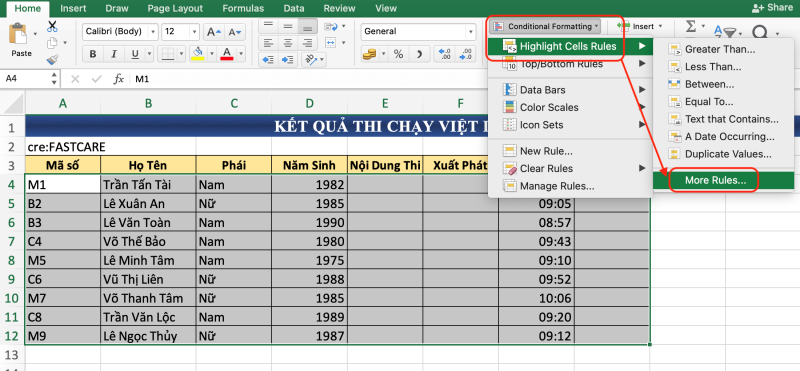 ví dụ 2 thay đổi màu ô bằng hàm đổi màu chữ trong Excel bước 1