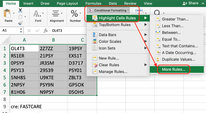 Ví dụ 3: Cách tô màu trong Excel theo điều kiện chữ bước 1