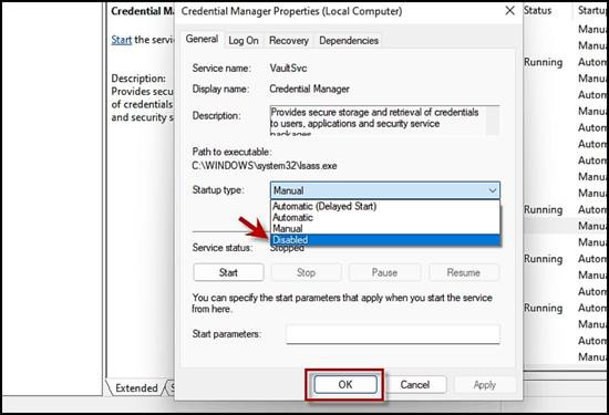 Vô hiệu hóa Credential Manager Service bước 3