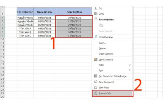 Cách chuyển đổi định dạng ngày tháng năm trong Excel bằng Custom Format bước 1