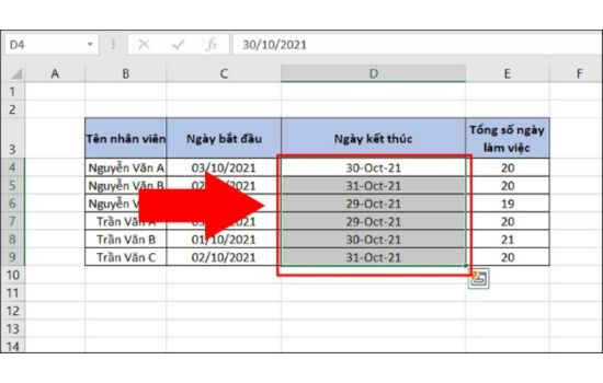 Cách chuyển đổi định dạng ngày tháng năm trong Excel bằng Custom Format kết quả