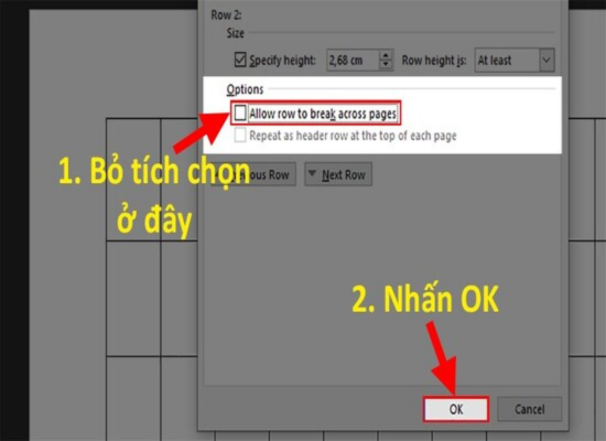 Bỏ chọn Allow row to break across pages