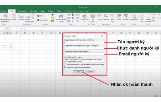 Cách chèn chữ ký vào Excel 2013, 2016 bước 4