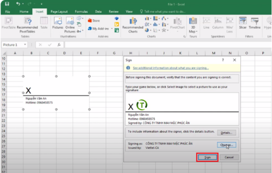 Cách chèn chữ ký vào Excel 2013, 2016 bước 6-1
