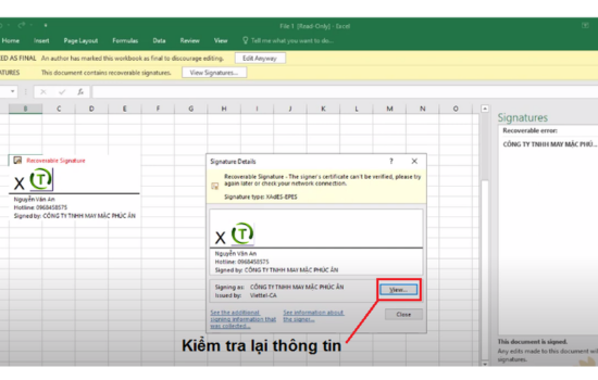Cách chèn chữ ký vào Excel 2013, 2016 bước 7
