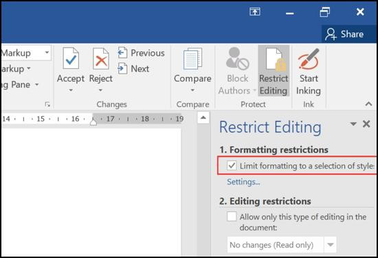 Cách khóa file Word không cho chỉnh sửa bằng Restrict Editing bước 2