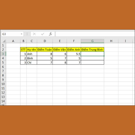 Cách tính điểm trung bình trong Excel 2010 bằng hàm AVERAGE bước 1