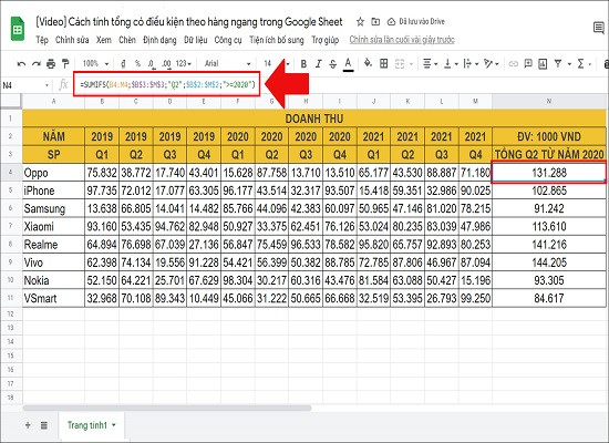 Cách tính tổng hàng ngang trong Excel bằng hàm SUMIFS