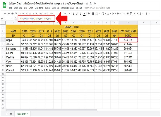 Cách tính tổng hàng ngang trong Excel theo cách thủ công