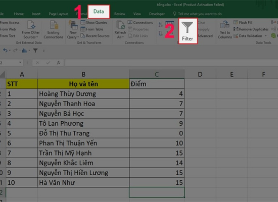 Cách tính tổng bằng bộ lọc trong Excel bước 1