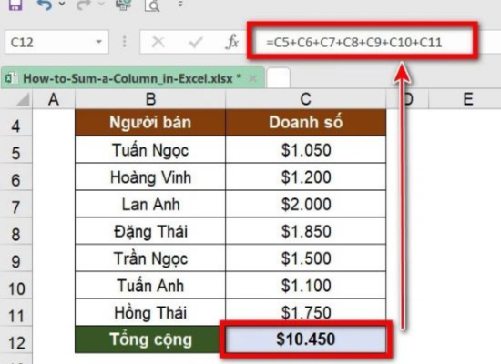  Sử dụng công thức số học để tính tổng trong Excel 